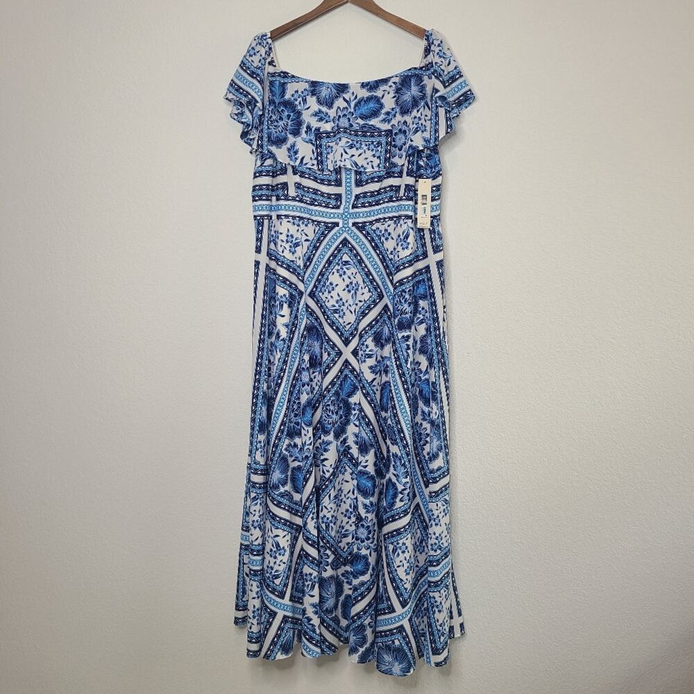 Eliza J Blue and White Ruffled Off-the-Shoulder Maxi Dress NWT 20W Plus
